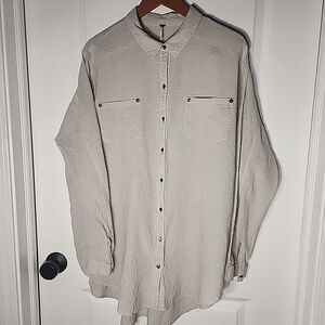 Free People Fawn Over You Shirt Size M Tan Plaid Button Up Oversized Pockets